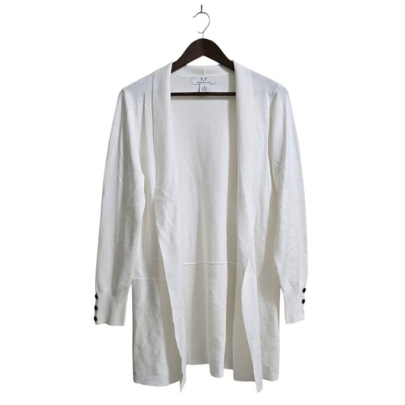 Magaschoni White Open Front Button Cuff Shawl Collar Cardigan Sz M - Picture 1 of 8